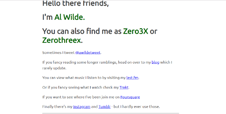 Screenshot of alwilde.com from October 2019