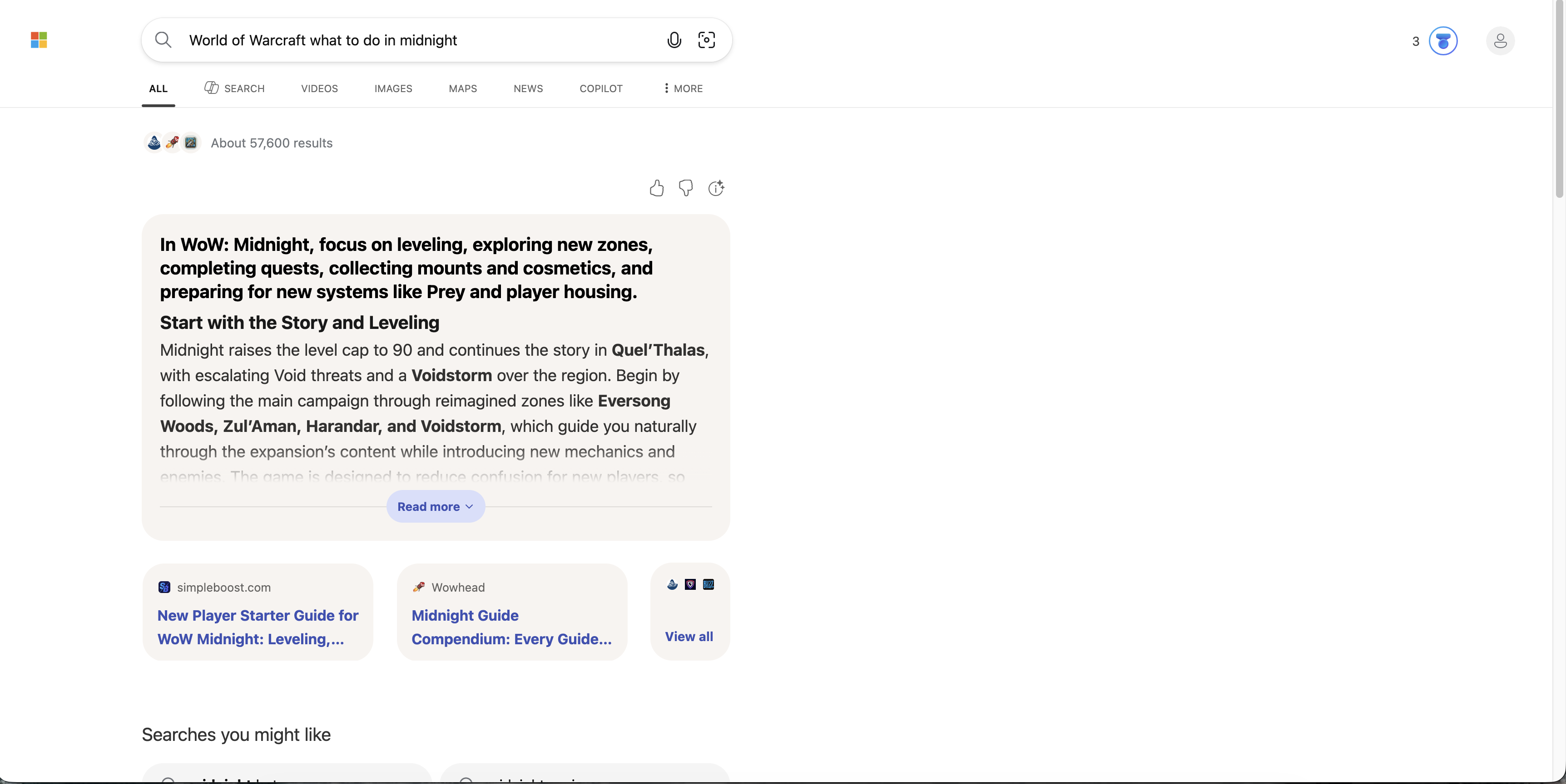 Bing search results for World of Warcraft what to do in Midnight