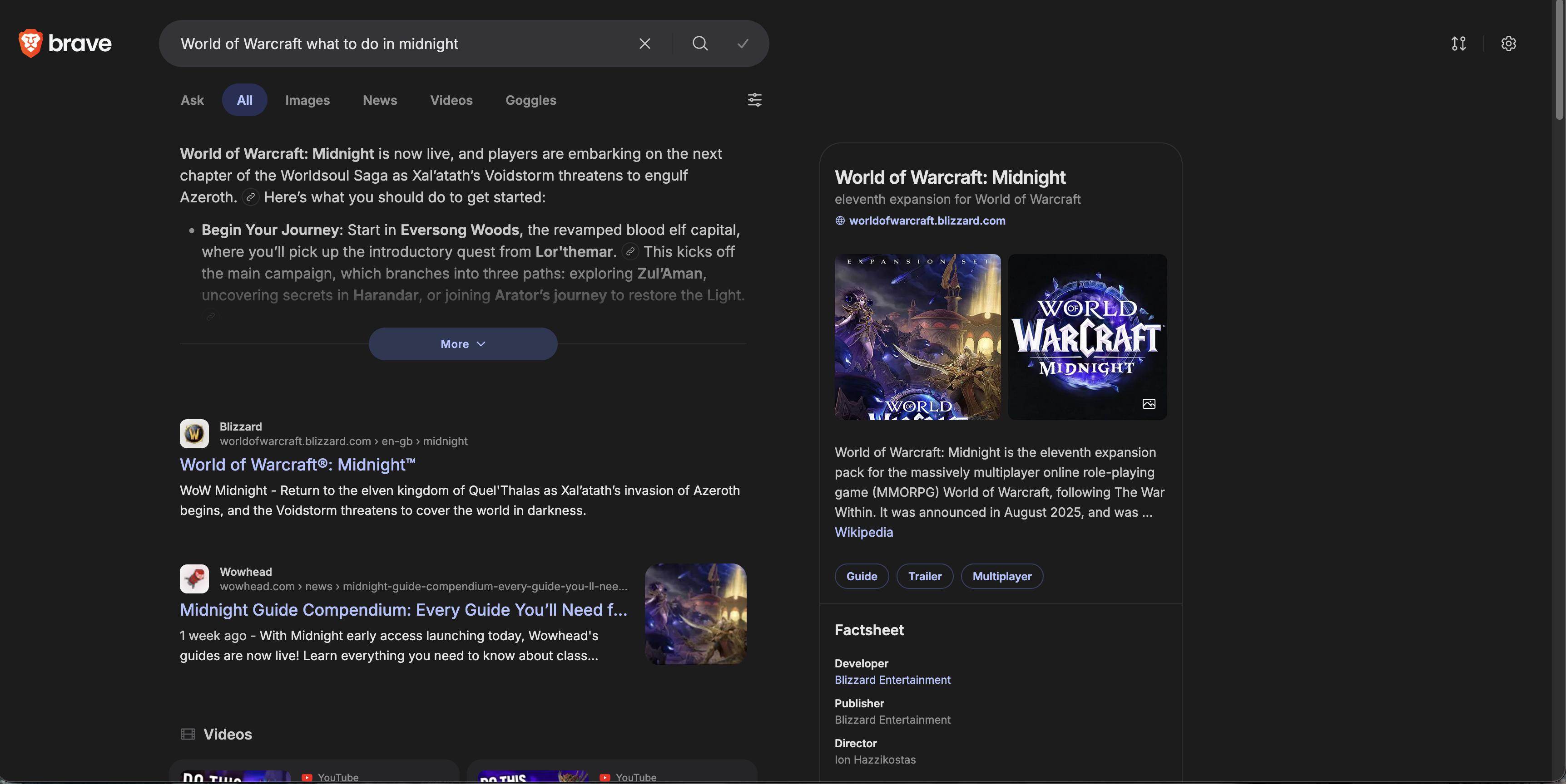 Brave Search results for World of Warcraft what to do in Midnight