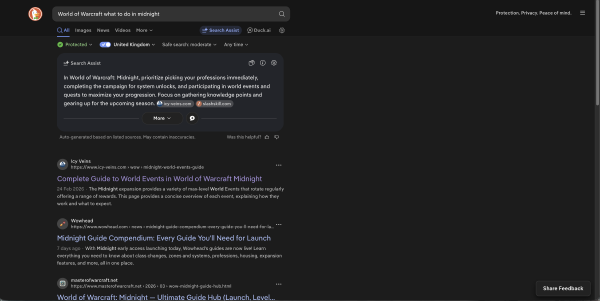 DuckDuckGo search results for World of Warcraft what to do in Midnight