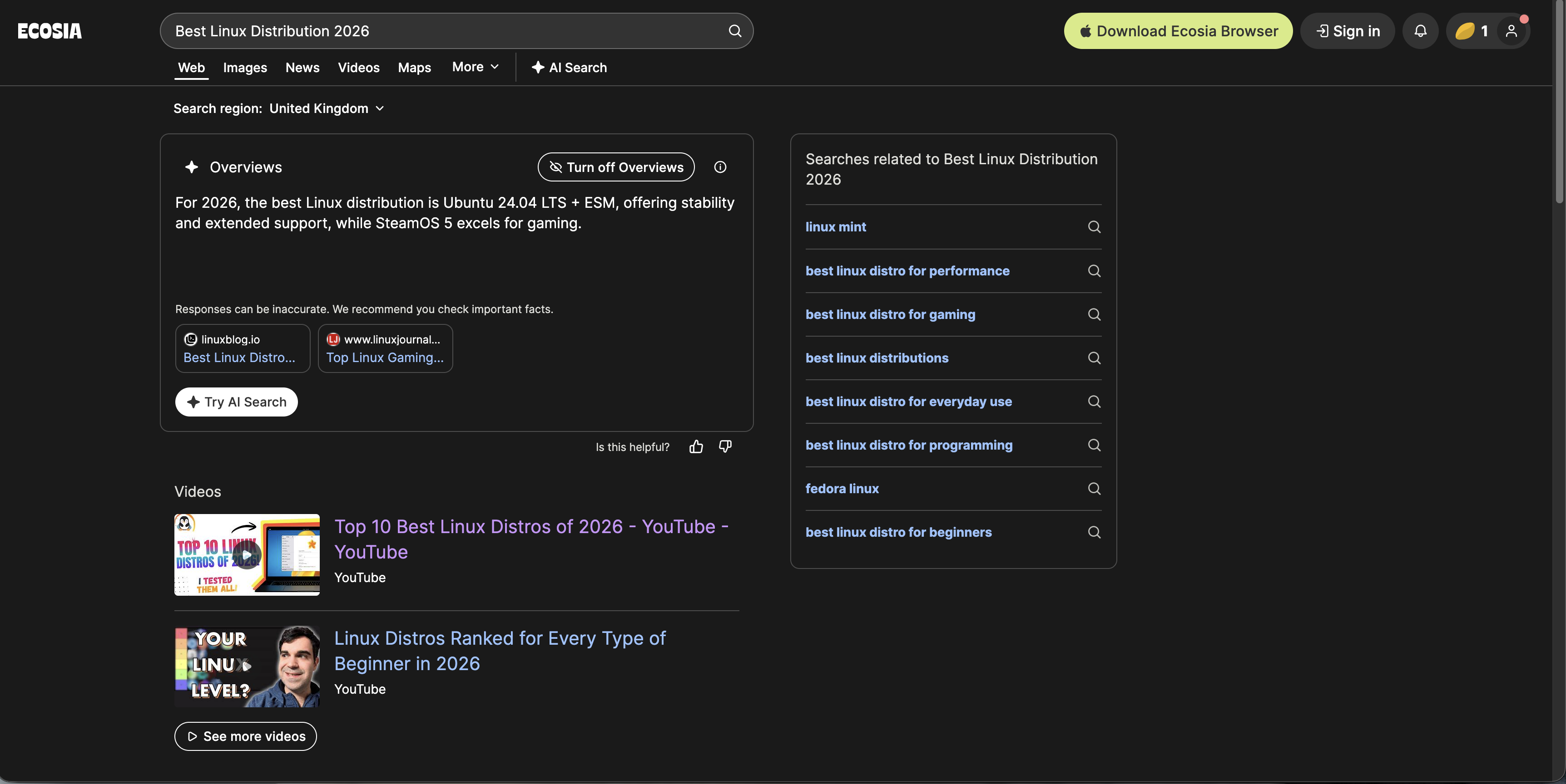 Ecosia search results for Best Linux Distribution 2026