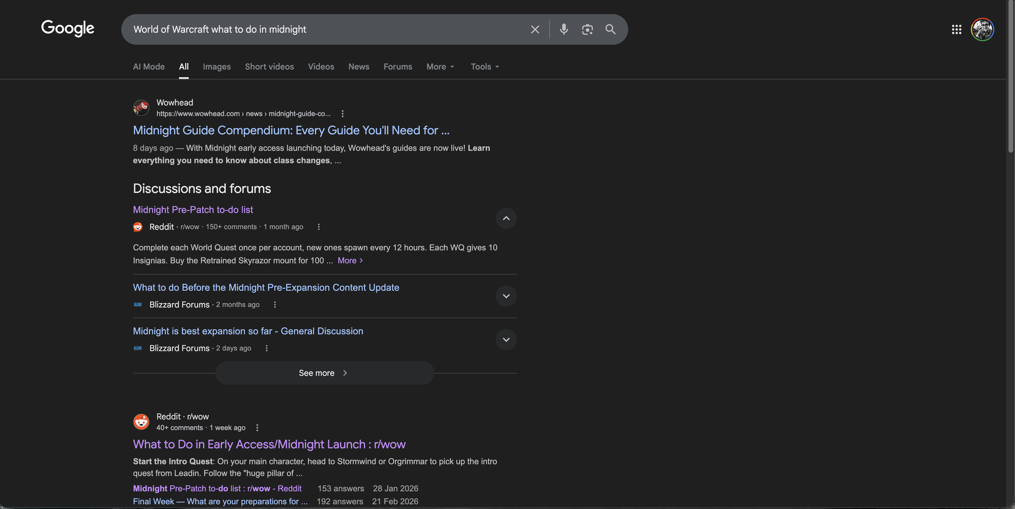 Google search results for World of Warcraft what to do in Midnight