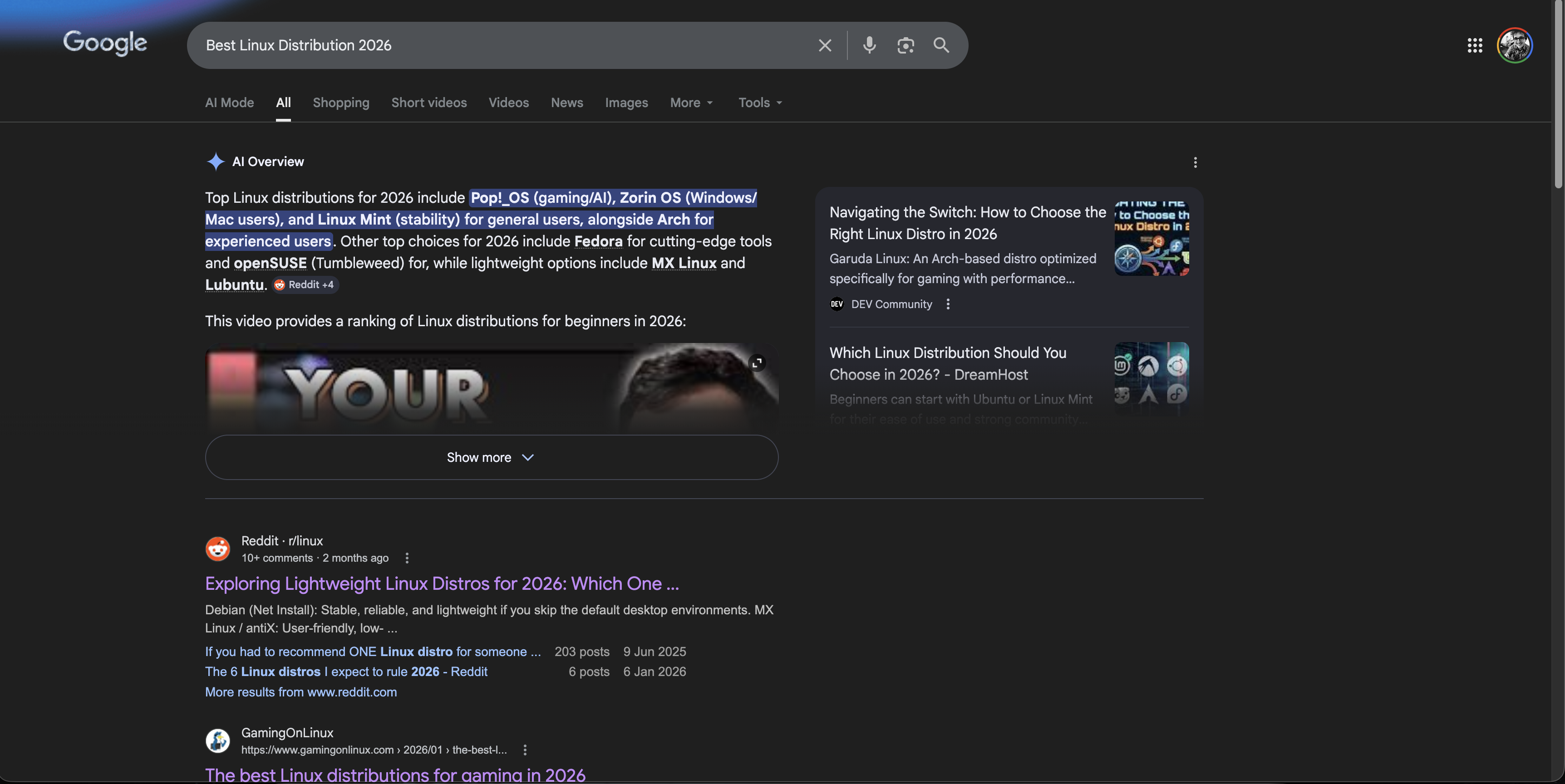 Kagi search results for Best Linux Distribution 2026