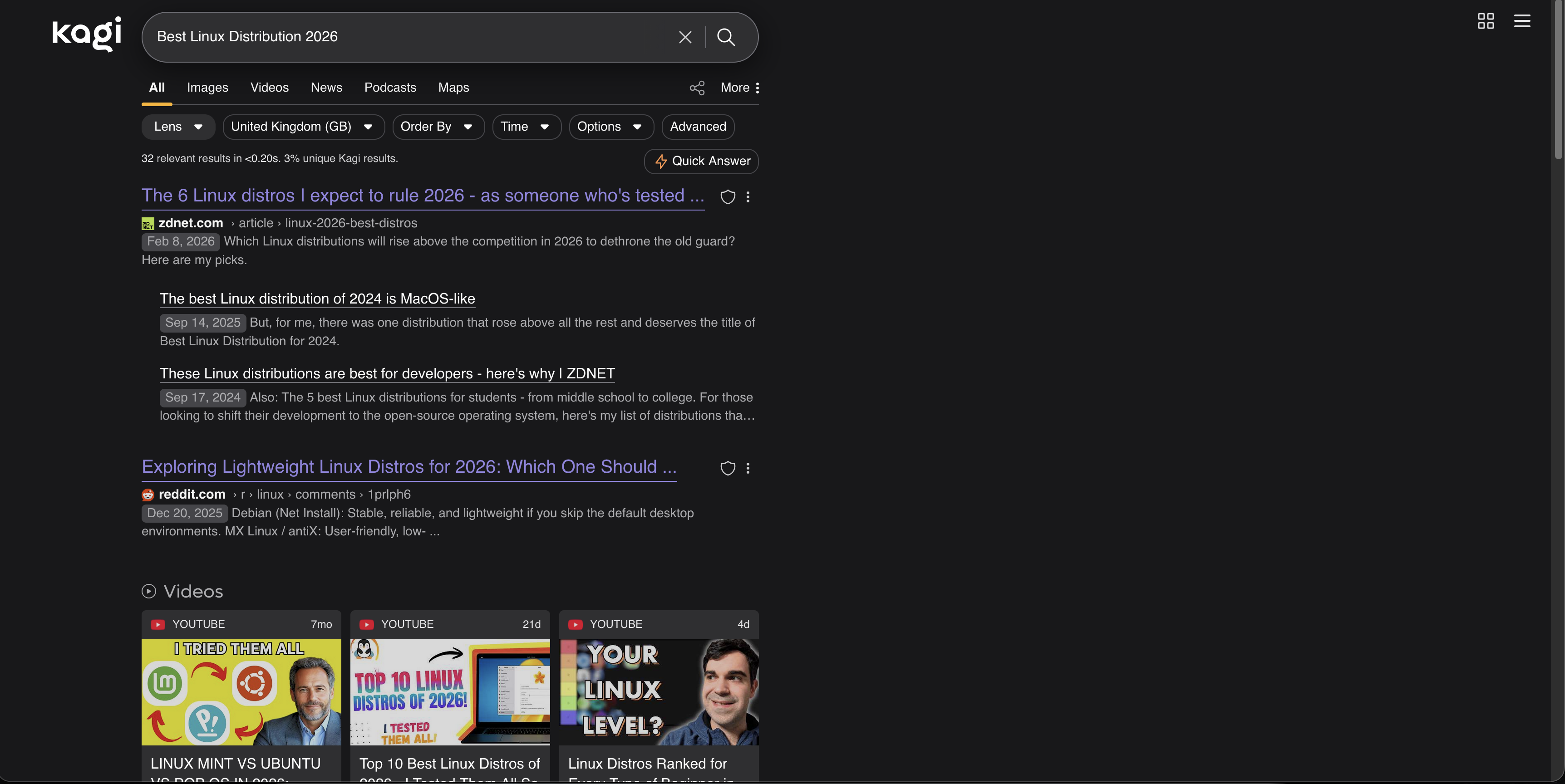 Kagi search results for Best Linux Distribution 2026