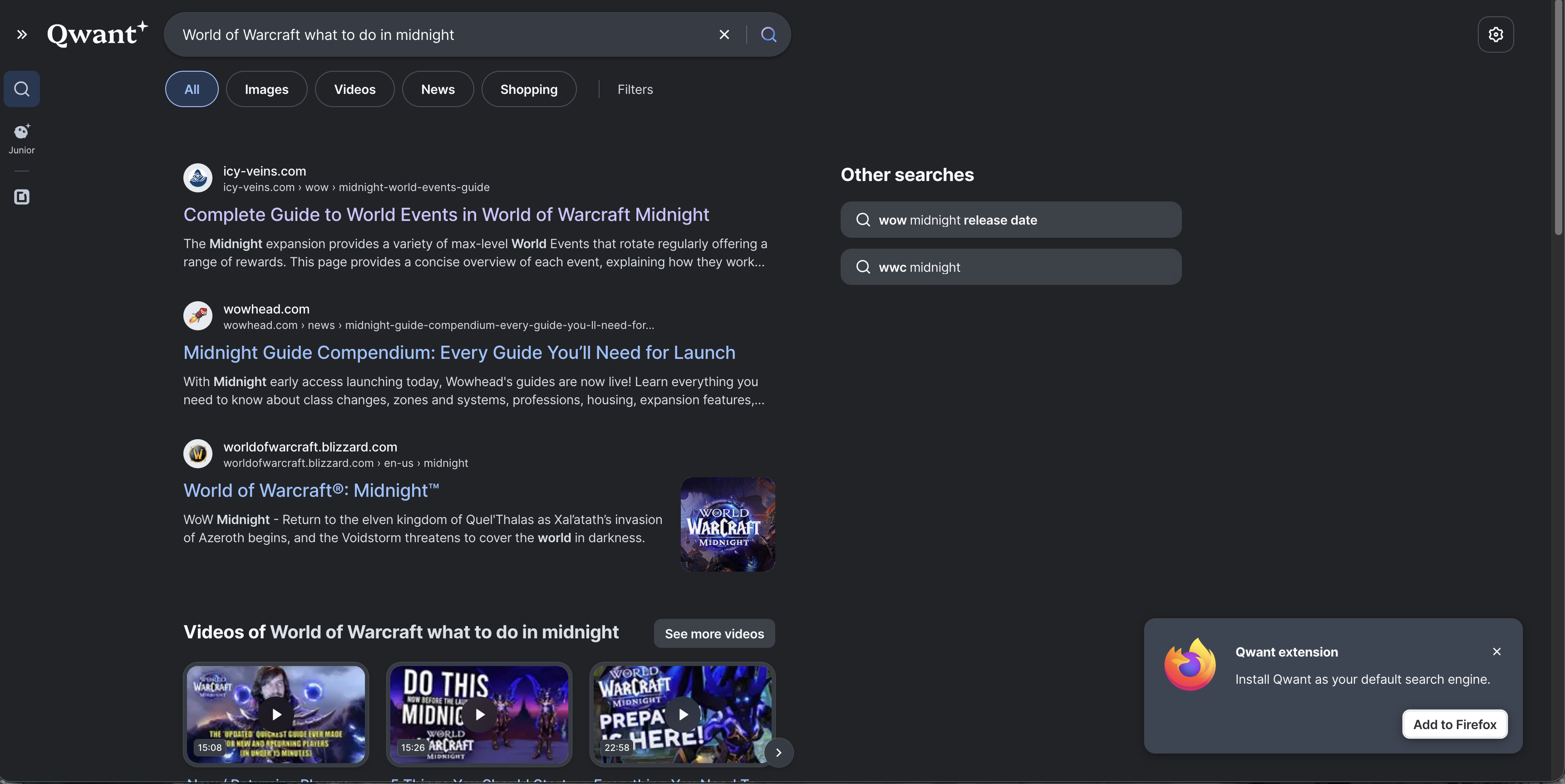 Qwant search results for World of Warcraft what to do in Midnight