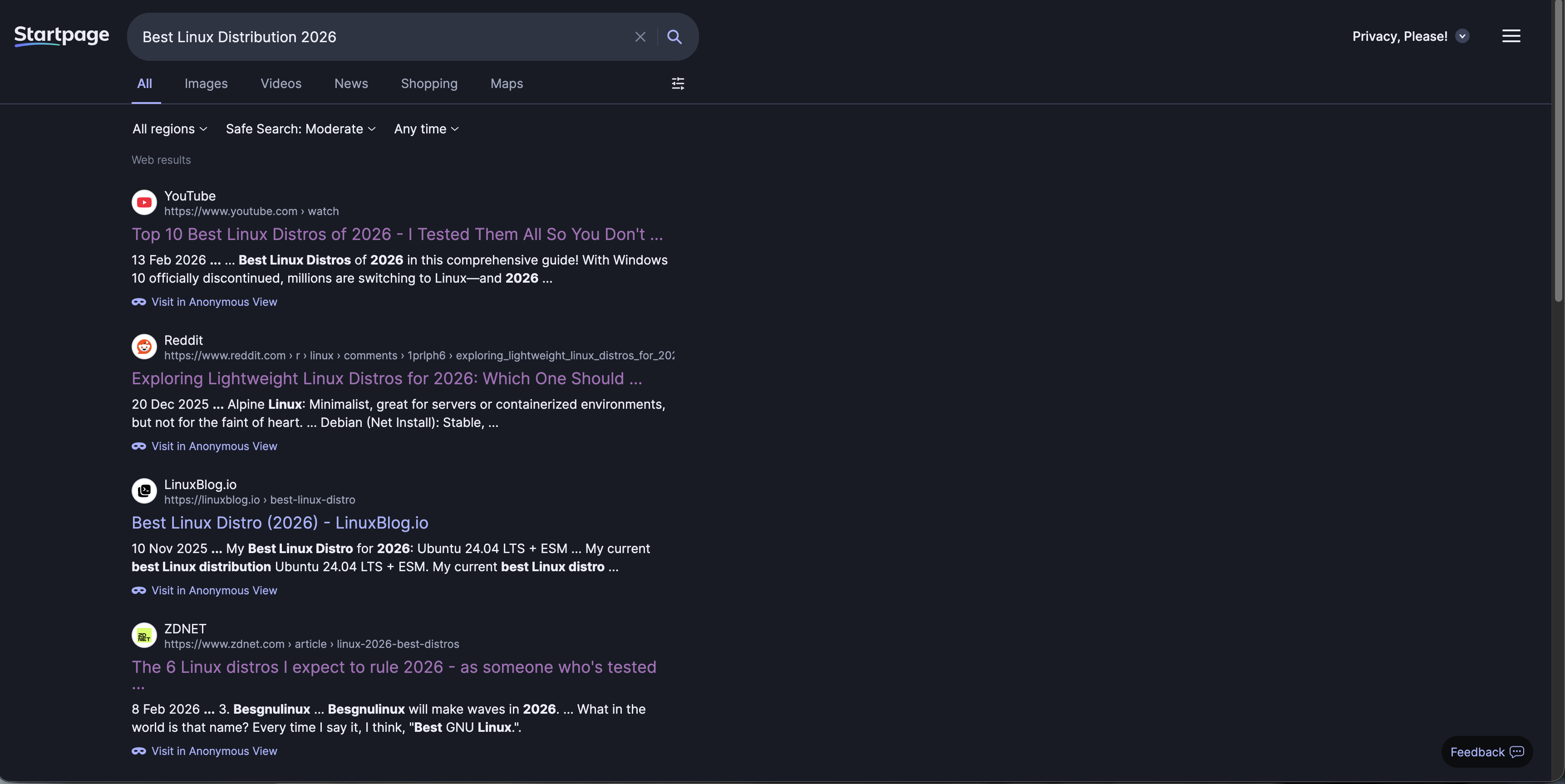 Startpage search results for Best Linux Distribution 2026